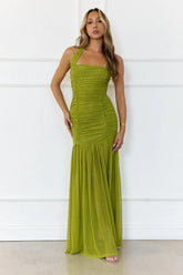 Evelyn Luxe Mesh Halter Maxi Dress Olive