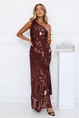 Opulent Bloom One Shoulder Maxi Dress Burgundy